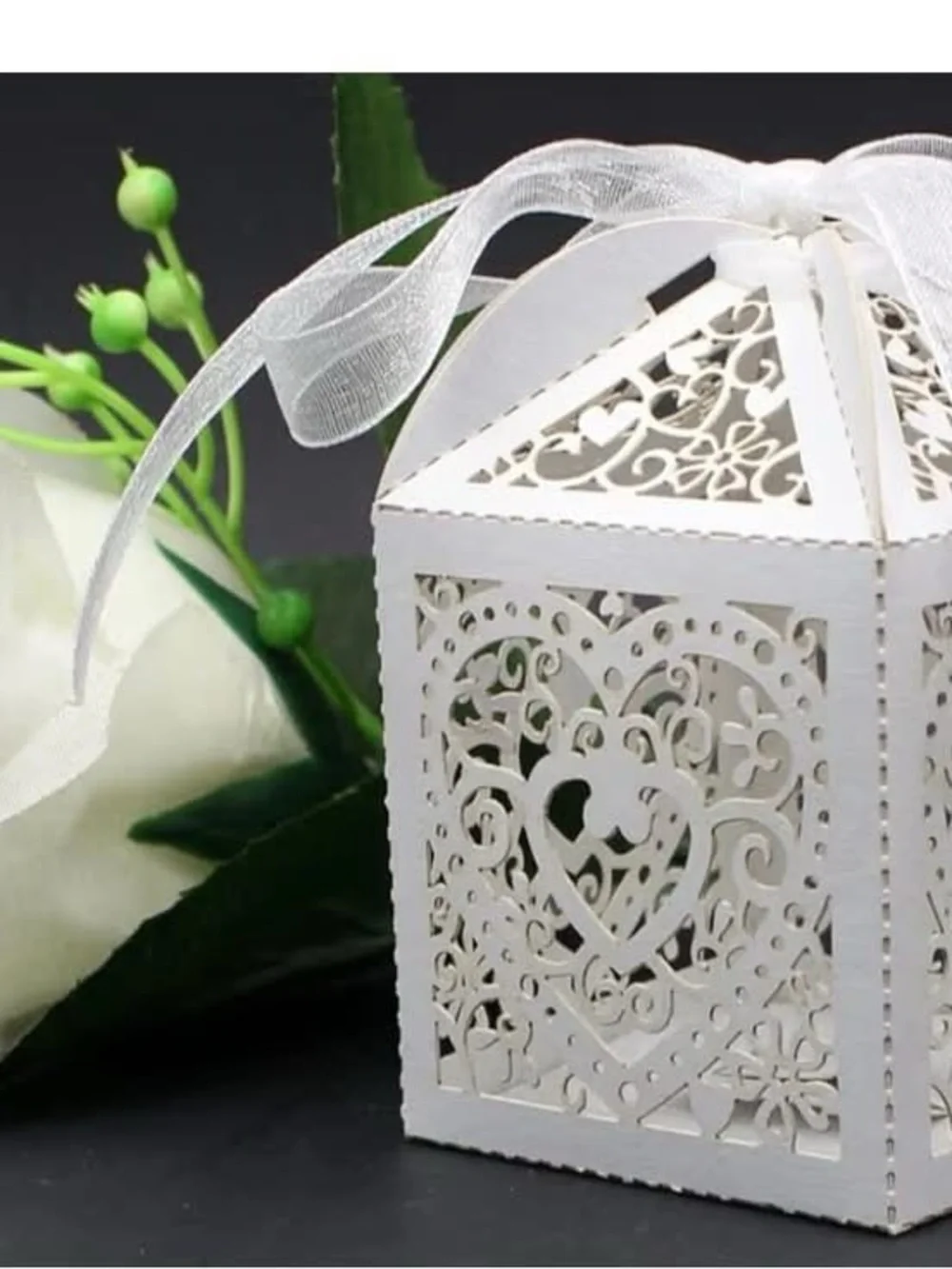 White Laser-Cut Favor Boxes with Ribbon